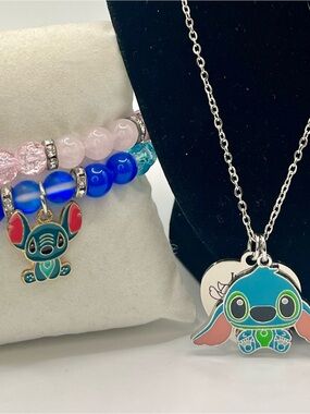 Cute Blue Stitch-Style Kids Necklace and Bracelet Set